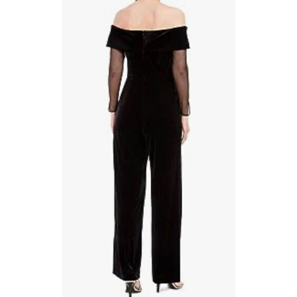 Calvin Klein Black Velour Sheer Zippered Long Sleeve Off Shoulder Jumpsuit Size - Picture 2 of 8
